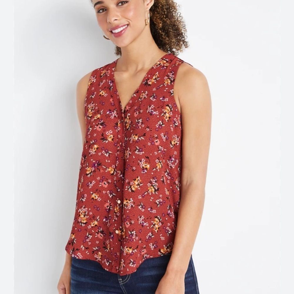 Maurices Ditsy Multicolor Floral Sleeveless Burgundy Red Button Blouse XL